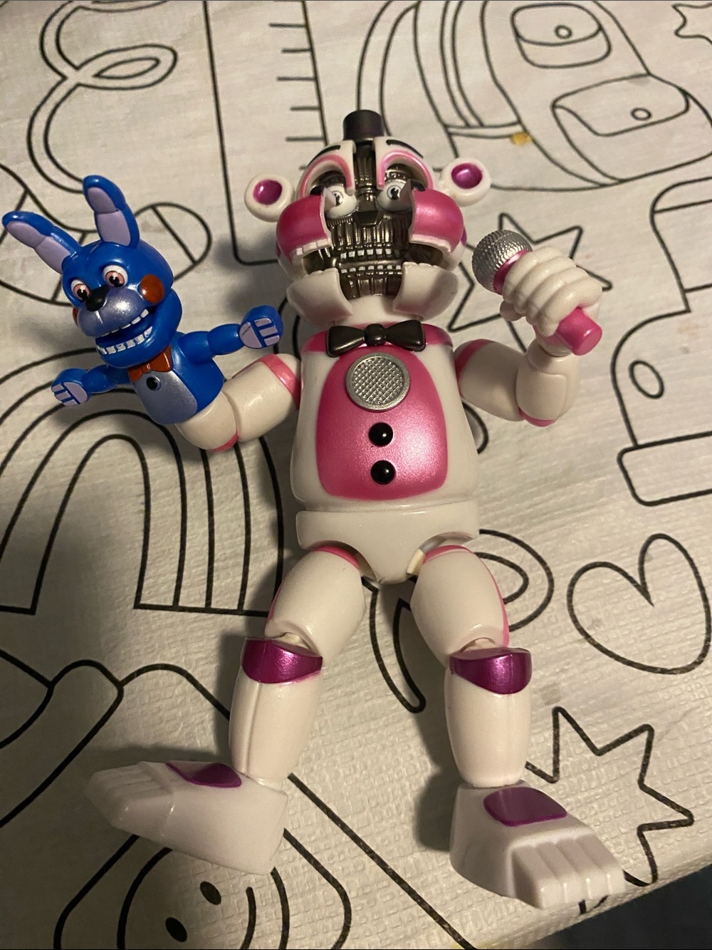 White and Pink Animatronic Bear Figure with Blue Hand Puppet and Microphone